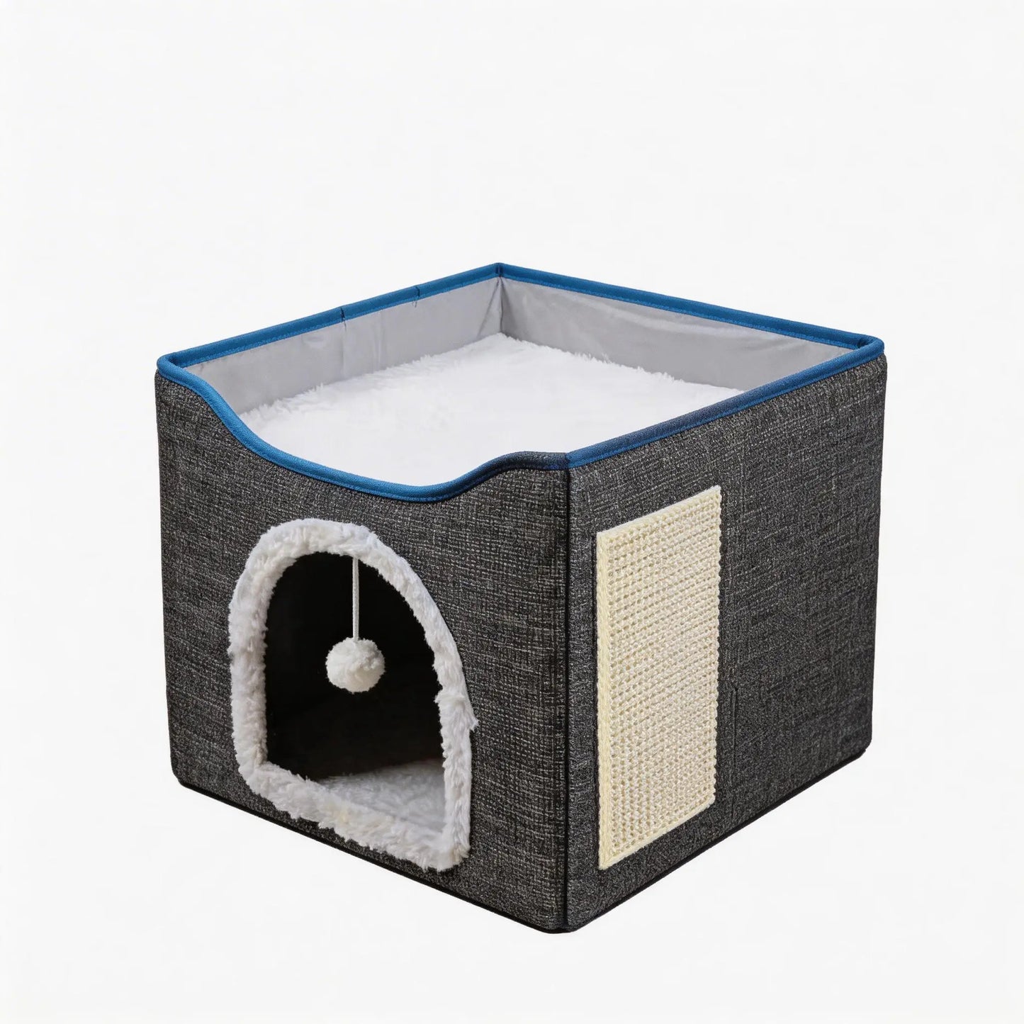 Indoor Cat House - Spacious Cat Bed Cave with Scratch Pad and Fluffy Ball, Foldable Condo Hideaway with Reversible Cushion for All Seasons, Ideal for Small Pets, Dark Ivory Design