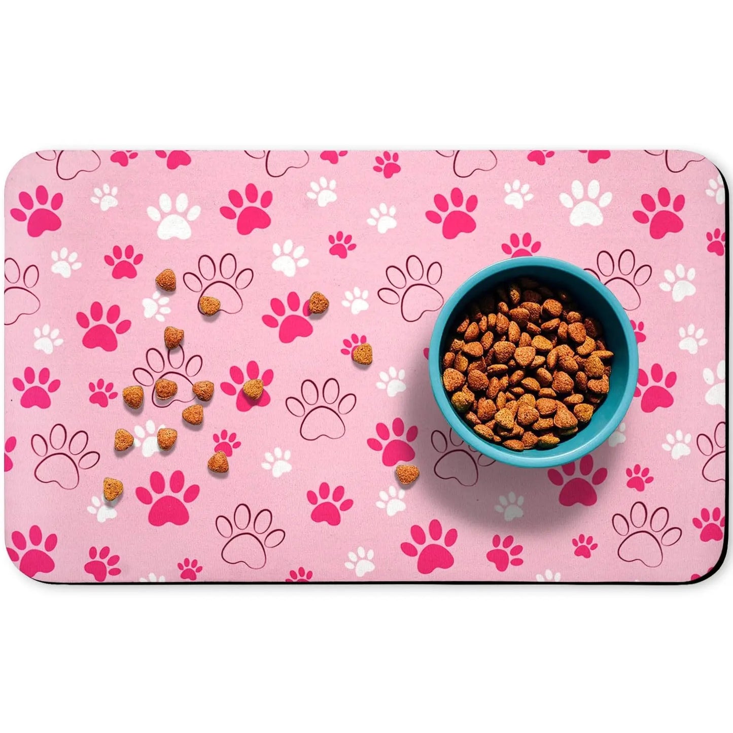 Quick-Drying Absorbent Pet Feeding Mat with Paw Design for Dogs and Cats, Non-Slip Rubber Base, Dark Polyester Surface for Indoor Use