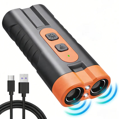 New Upgraded Two Headed Sonic Dog Repeller Ultrasonic Bark Stopper Flashlight 2 in 1 Device Rechargeable Portable Pet Barking Control Tool Must Have Pet Essentials for Dog Walkers Pet Lovers