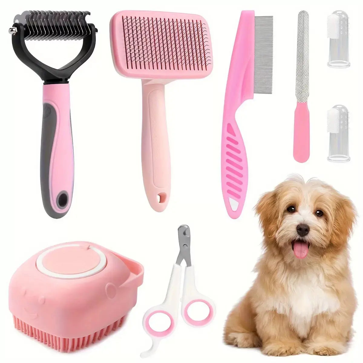 8-In-1 Professional Pet Grooming Kit for Dogs and Cats - Comprehensive Brush Set with Dematting Comb, Slicker Brush, and Nail Clipper for a Tangle-Free, Shiny Coat