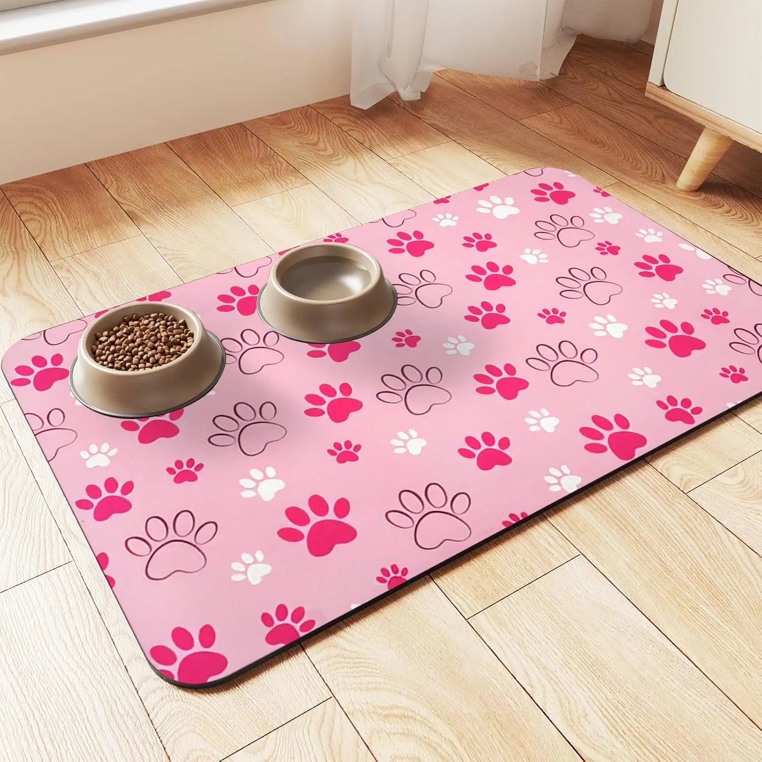 Quick-Drying Absorbent Pet Feeding Mat with Paw Design for Dogs and Cats, Non-Slip Rubber Base, Dark Polyester Surface for Indoor Use