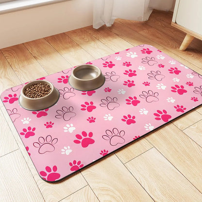 Quick-Drying Absorbent Pet Feeding Mat with Paw Design for Dogs and Cats, Non-Slip Rubber Base, Dark Polyester Surface for Indoor Use