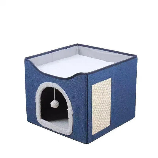 Indoor Cat House - Spacious Cat Bed Cave with Scratch Pad and Fluffy Ball, Foldable Condo Hideaway with Reversible Cushion for All Seasons, Ideal for Small Pets, Dark Ivory Design