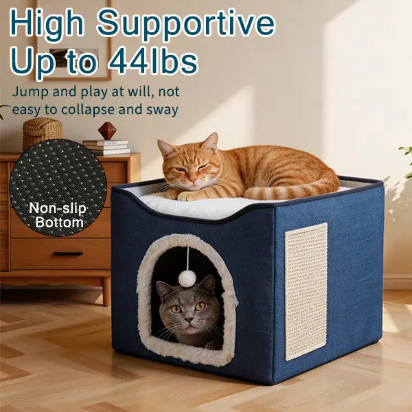 Indoor Cat House - Spacious Cat Bed Cave with Scratch Pad and Fluffy Ball, Foldable Condo Hideaway with Reversible Cushion for All Seasons, Ideal for Small Pets, Dark Ivory Design