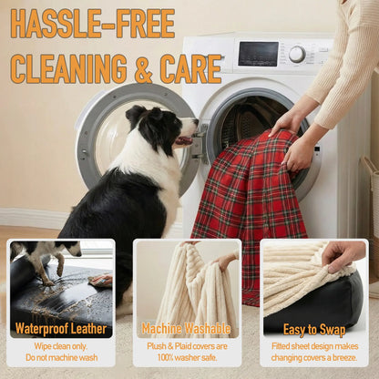 3-In-1 Orthopedic Dog Bed Bundle (3 Covers Included) | Waterproof Leather, Corduroy & Holiday Plaid | Thick Memory Foam Support (36"X24")