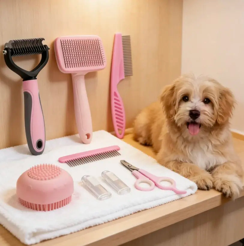 8-In-1 Professional Pet Grooming Kit for Dogs and Cats - Comprehensive Brush Set with Dematting Comb, Slicker Brush, and Nail Clipper for a Tangle-Free, Shiny Coat