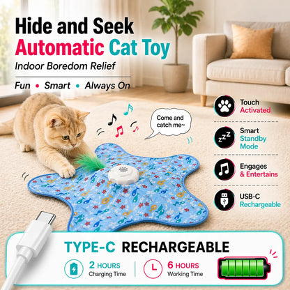 Interactive Feather Hunting Cat Toy – Automatic Hide and Seek Playtime, USB Rechargeable, Indoor Entertainment for All Cat Breeds