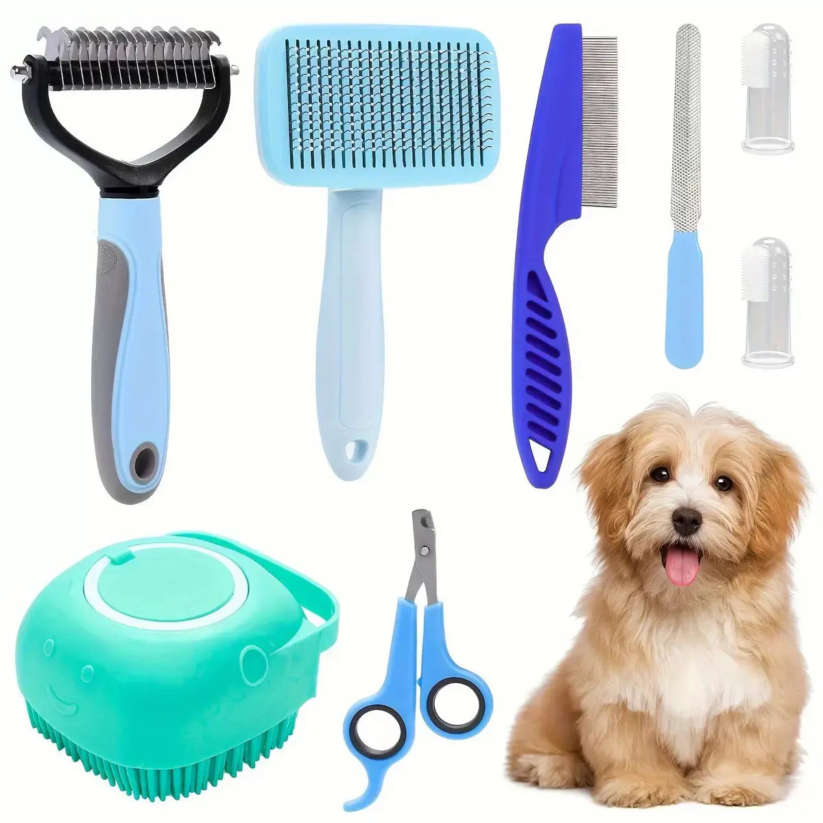 8-In-1 Professional Pet Grooming Kit for Dogs and Cats - Comprehensive Brush Set with Dematting Comb, Slicker Brush, and Nail Clipper for a Tangle-Free, Shiny Coat