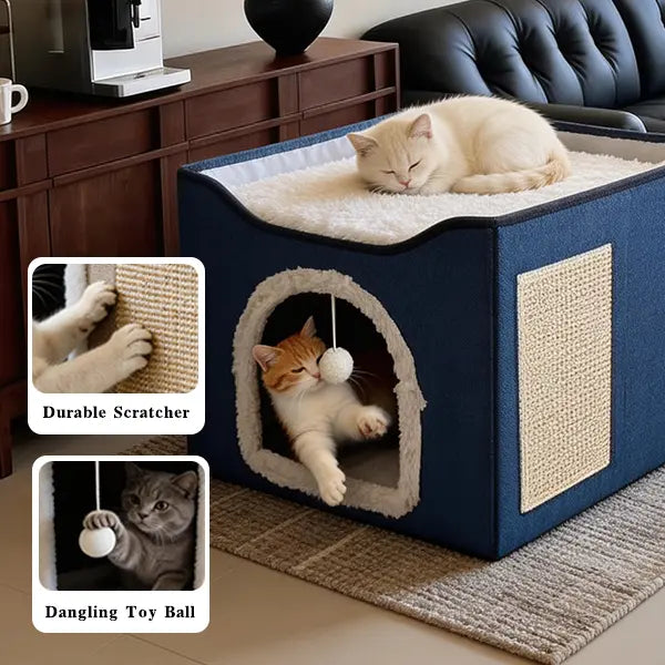 Indoor Cat House - Spacious Cat Bed Cave with Scratch Pad and Fluffy Ball, Foldable Condo Hideaway with Reversible Cushion for All Seasons, Ideal for Small Pets, Dark Ivory Design