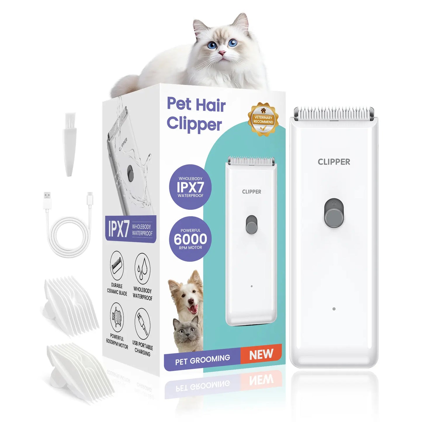 Professional Cordless Pet Clippers for Dog and Cat Grooming - Low Noise, Rechargeable, with Ceramic Blade for Matted and Long Hair