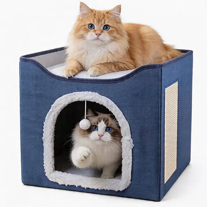 Indoor Cat House - Spacious Cat Bed Cave with Scratch Pad and Fluffy Ball, Foldable Condo Hideaway with Reversible Cushion for All Seasons, Ideal for Small Pets, Dark Ivory Design