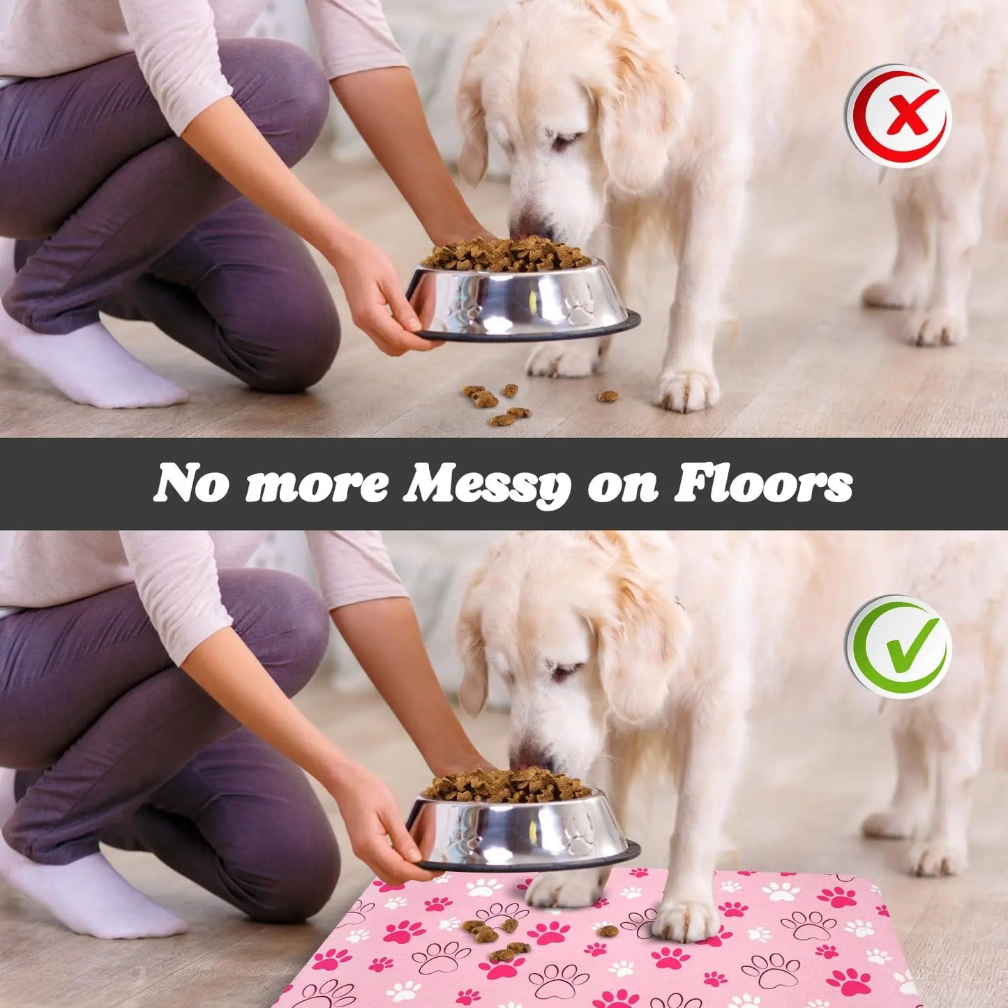 Quick-Drying Absorbent Pet Feeding Mat with Paw Design for Dogs and Cats, Non-Slip Rubber Base, Dark Polyester Surface for Indoor Use