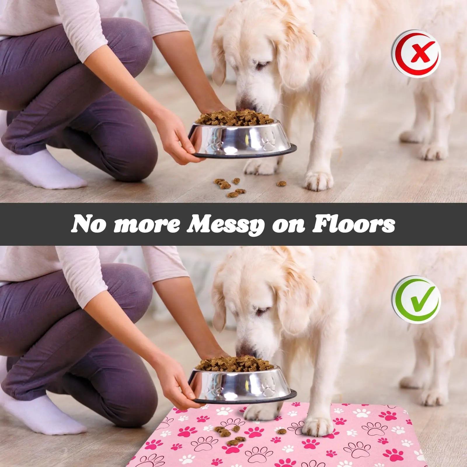 Quick-Drying Absorbent Pet Feeding Mat with Paw Design for Dogs and Cats, Non-Slip Rubber Base, Dark Polyester Surface for Indoor Use