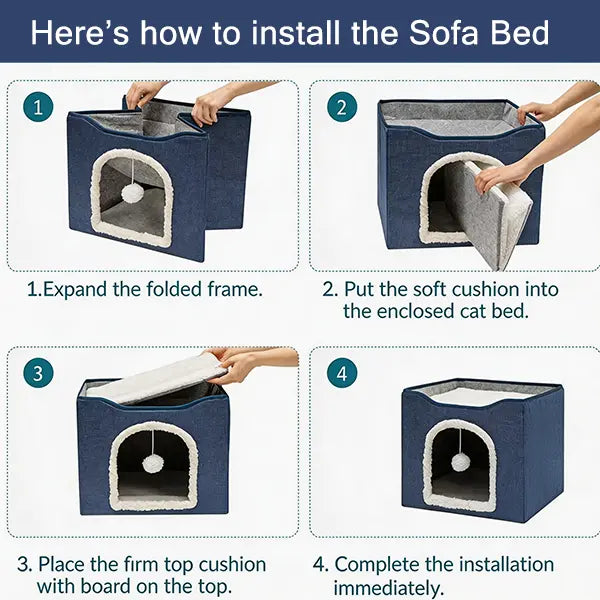 Indoor Cat House - Spacious Cat Bed Cave with Scratch Pad and Fluffy Ball, Foldable Condo Hideaway with Reversible Cushion for All Seasons, Ideal for Small Pets, Dark Ivory Design