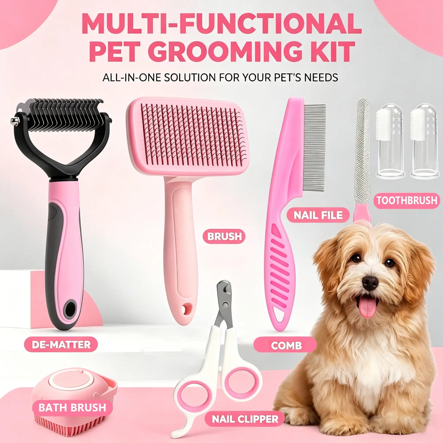 8-In-1 Professional Pet Grooming Kit for Dogs and Cats - Comprehensive Brush Set with Dematting Comb, Slicker Brush, and Nail Clipper for a Tangle-Free, Shiny Coat