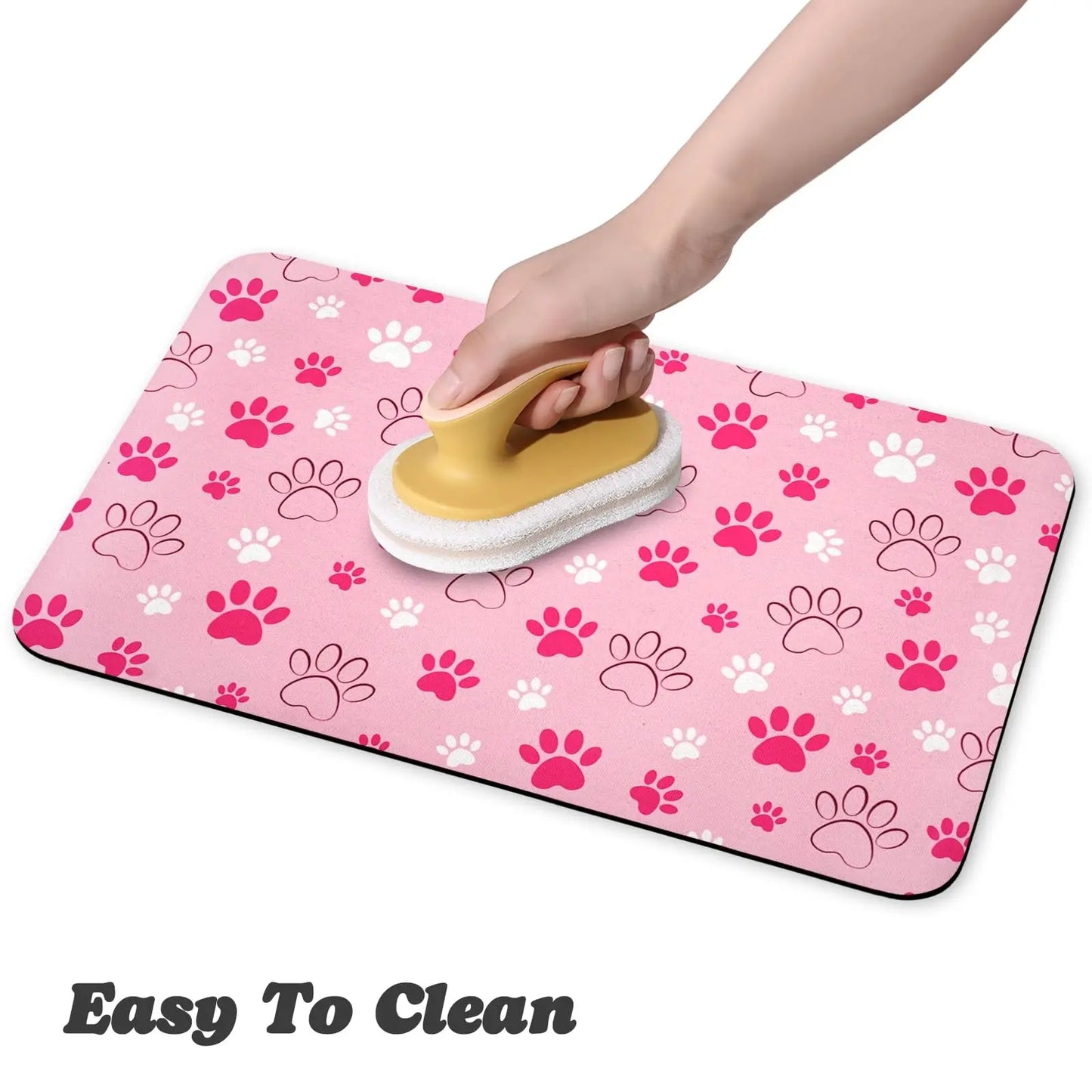 Quick-Drying Absorbent Pet Feeding Mat with Paw Design for Dogs and Cats, Non-Slip Rubber Base, Dark Polyester Surface for Indoor Use
