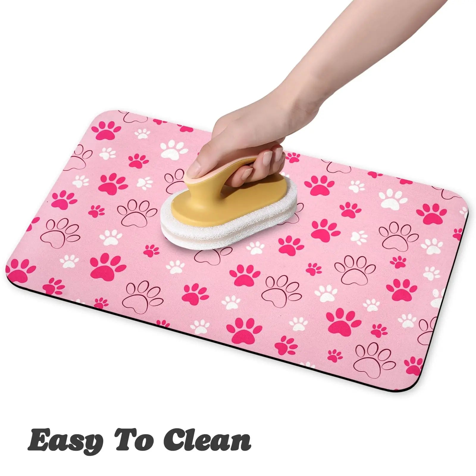 Quick-Drying Absorbent Pet Feeding Mat with Paw Design for Dogs and Cats, Non-Slip Rubber Base, Dark Polyester Surface for Indoor Use