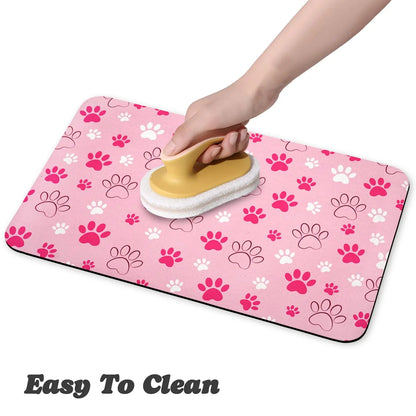 Quick-Drying Absorbent Pet Feeding Mat with Paw Design for Dogs and Cats, Non-Slip Rubber Base, Dark Polyester Surface for Indoor Use